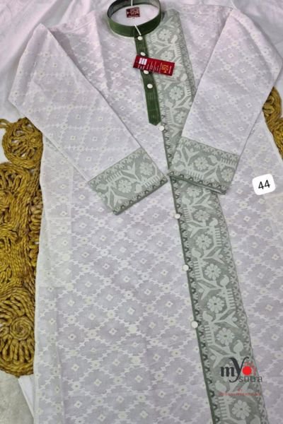 Designer Dhakai Jamdani Punjabi – Handwoven Jamdani Cotton Kurta - Image 2