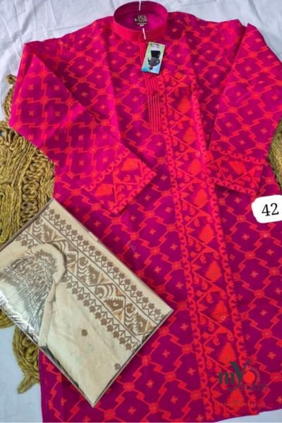 Designer Dhakai Jamdani Punjabi – Handwoven Jamdani Cotton Kurta - Image 8