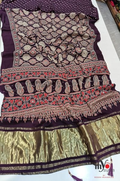 Exclusive Ajrakh Modal Silk Saree with Mirror Work – Designer Hand Block Print Silk Saree with Rich Border
