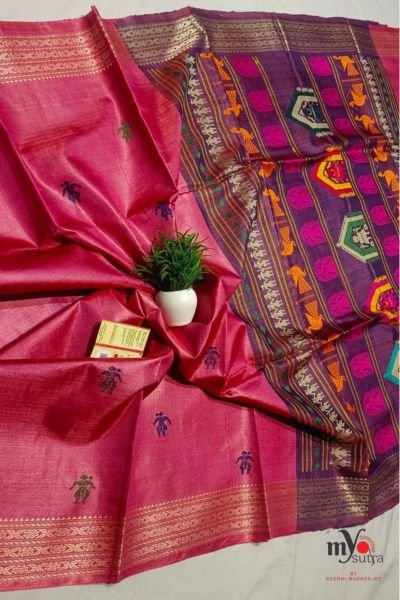 Pure Tussar Silk Saree with Vidarbha Border & Dolabedi Pallu - Image 3