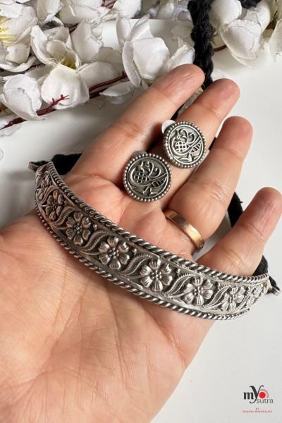 Vrinda Heritage Oxidised Choker Set – Handcrafted Floral Silver Tone Statement Jewellery