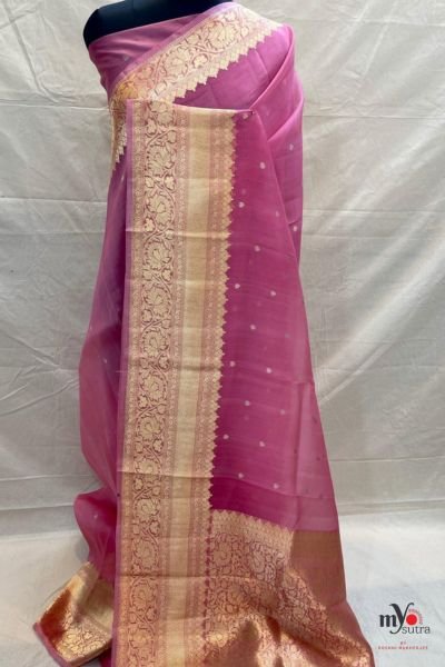 Handwoven Pure Kora Organza Benarasi Saree with Rich Zari Border - Image 2