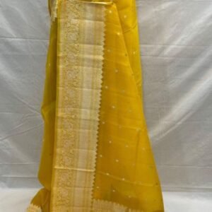 Handwoven Pure Kora Organza Benarasi Saree with Rich Zari Border