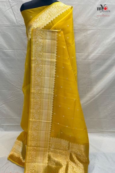 Handwoven Pure Kora Organza Benarasi Saree with Rich Zari Border
