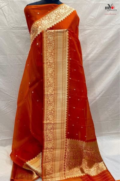 Handwoven Pure Kora Organza Benarasi Saree with Rich Zari Border - Image 4