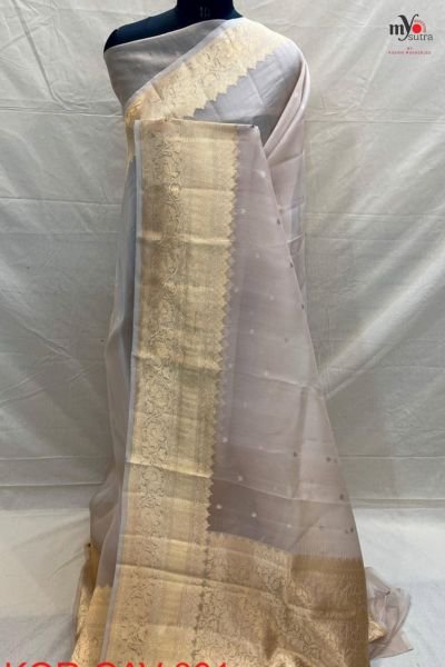 Handwoven Pure Kora Organza Benarasi Saree with Rich Zari Border - Image 5
